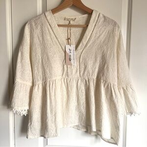 Boho Ivory Embroidered Lace Babydoll V-neck Blouse w/Bell Sleeves & Pom-Pom Trim
